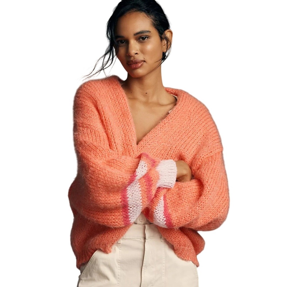 Anthropologie Coral Fuzzy Knit Oversized Cardigan Striped Balloon Sleeve OS